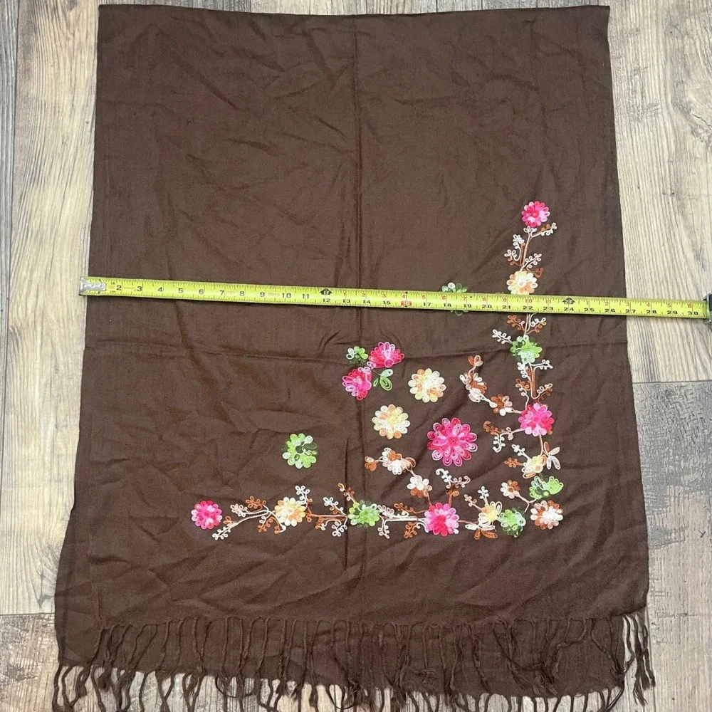 Brown Embroidered Floral Scarf Shawl Wrap Fringe Women's‎ Fashion Accessory